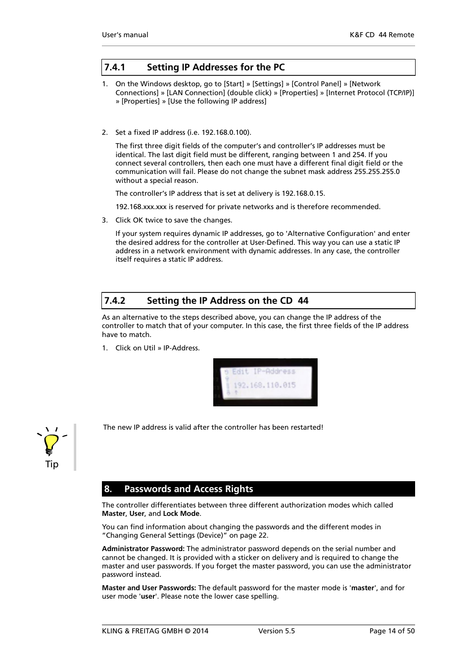 Setting the ip address on the cd 44, Passwords and access rights, 1 setting ip addresses for the pc | 2 setting the ip address on the cd 44 | KLING & FREITAG K&F CD Remote User Manual | Page 14 / 50