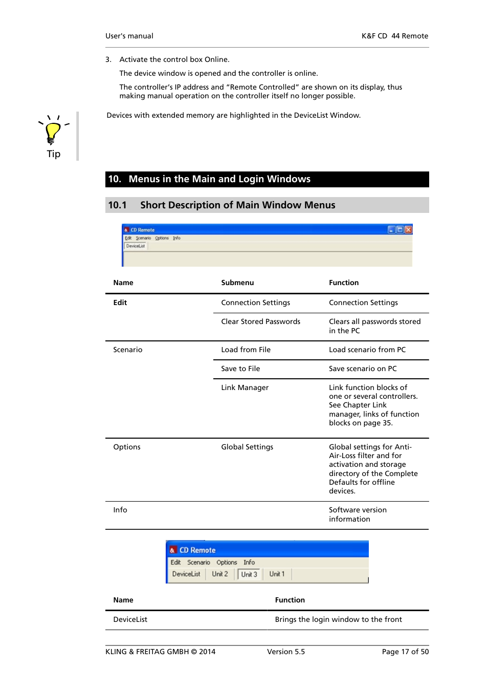 Menus in the main and login windows, Short description of main window menus | KLING & FREITAG K&F CD Remote User Manual | Page 17 / 50