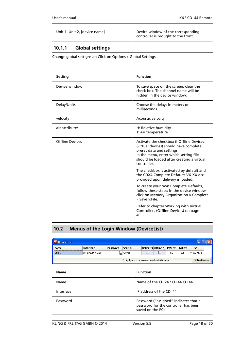 Global settings, Menus of the login window (devicelist), 1 global settings | 2 menus of the login window (devicelist) | KLING & FREITAG K&F CD Remote User Manual | Page 18 / 50