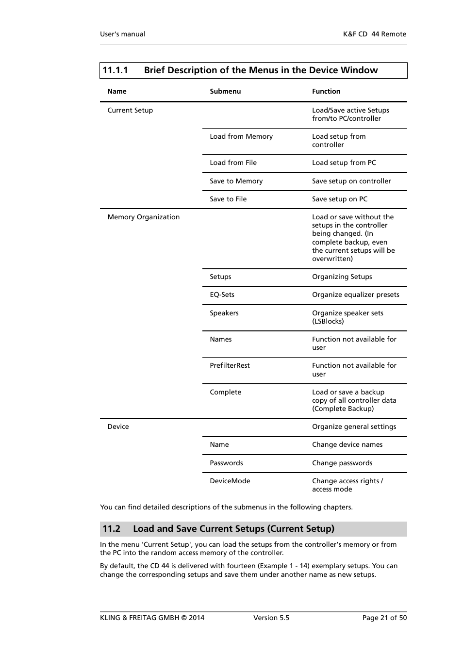 Load and save current setups (current setup), 2 load and save current setups (current setup) | KLING & FREITAG K&F CD Remote User Manual | Page 21 / 50