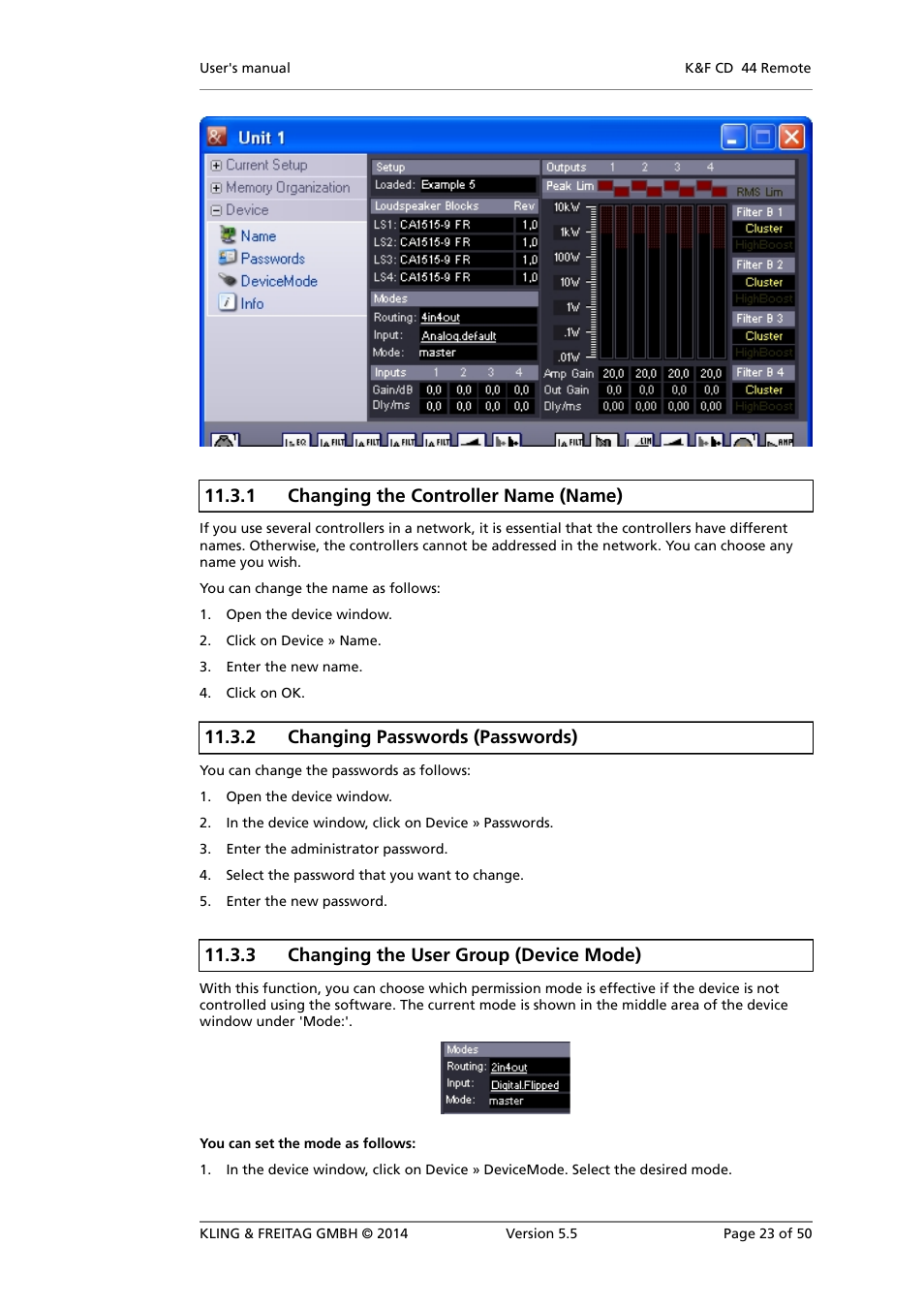 Changing the controller name (name), Changing passwords (passwords), Changing the user group (device mode) | 1 changing the controller name (name), 2 changing passwords (passwords), 3 changing the user group (device mode) | KLING & FREITAG K&F CD Remote User Manual | Page 23 / 50