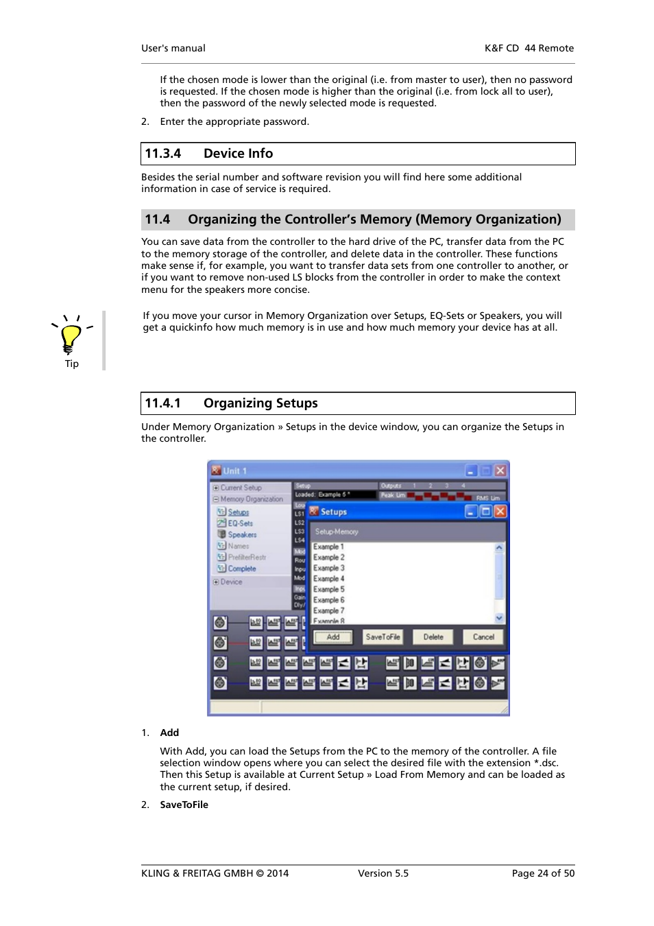 Device info, Organizing setups, 4 device info | 1 organizing setups | KLING & FREITAG K&F CD Remote User Manual | Page 24 / 50