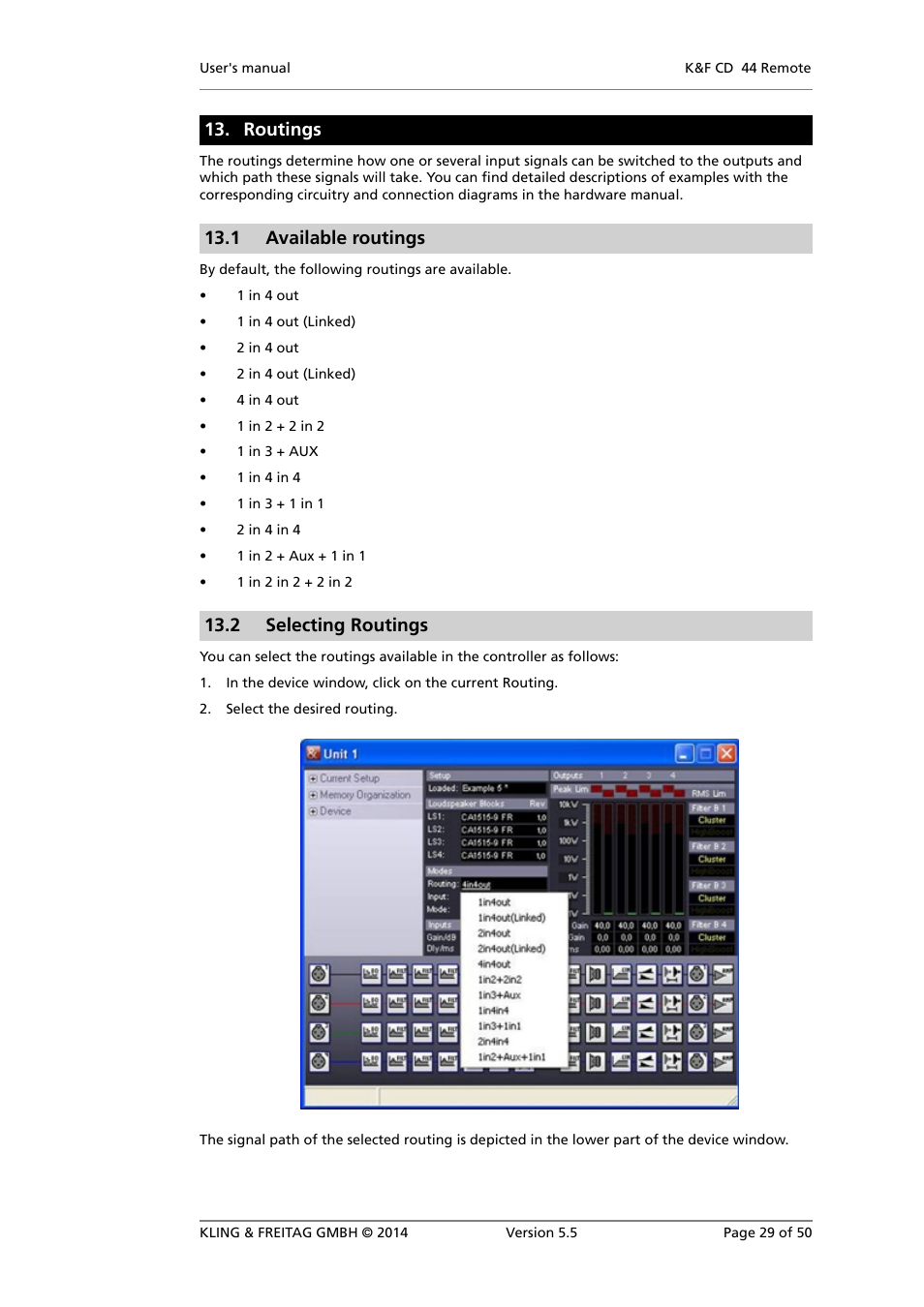 Routings, Available routings, Selecting routings | Setting filters, limiters and delays, 1 available routings, 2 selecting routings | KLING & FREITAG K&F CD Remote User Manual | Page 29 / 50