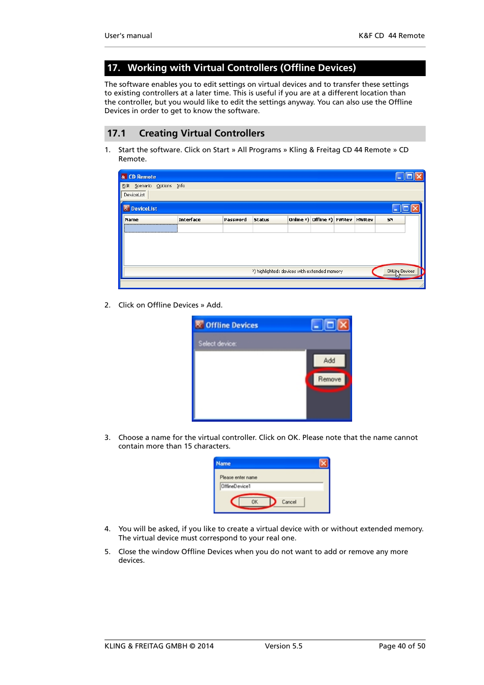 Working with virtual controllers (offline devices), Creating virtual controllers, 1 creating virtual controllers | KLING & FREITAG K&F CD Remote User Manual | Page 40 / 50