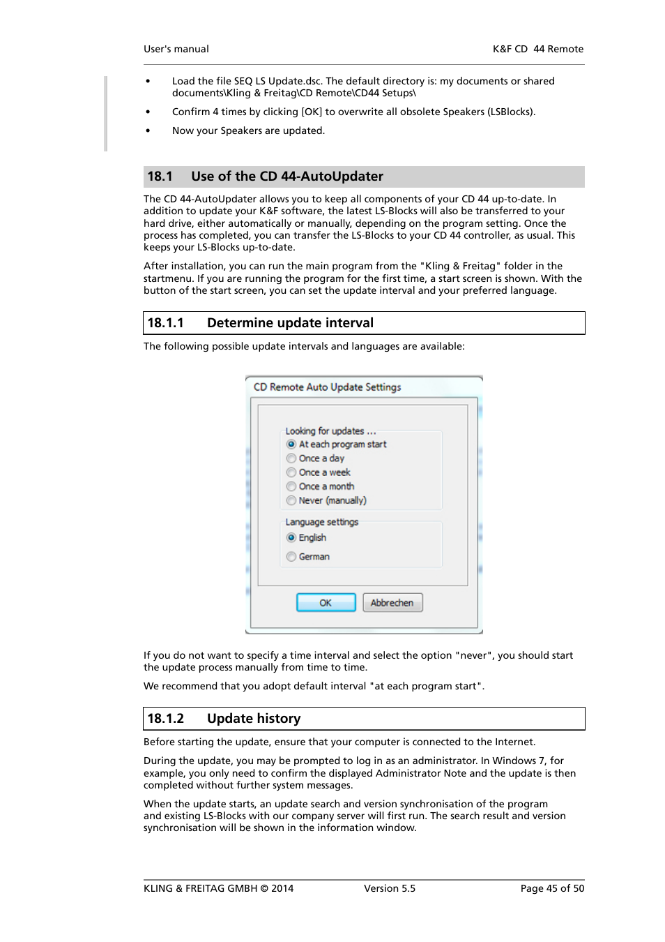 Use of the cd 44-autoupdater, Determine update interval, Update history | 1 use of the cd 44-autoupdater, 1 determine update interval, 2 update history | KLING & FREITAG K&F CD Remote User Manual | Page 45 / 50