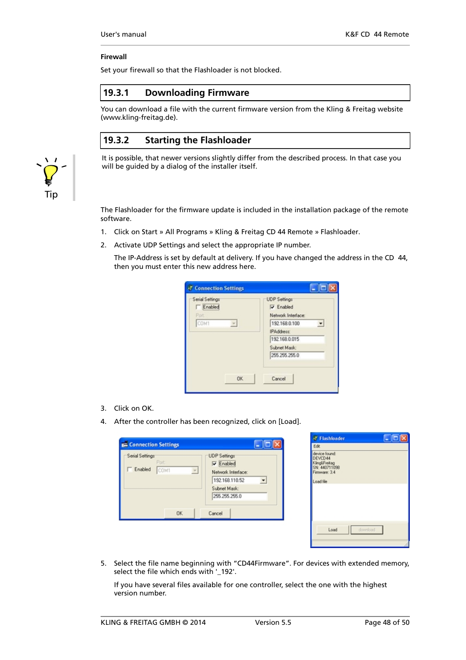 Downloading firmware, Starting the flashloader, 1 downloading firmware | 2 starting the flashloader tip | KLING & FREITAG K&F CD Remote User Manual | Page 48 / 50