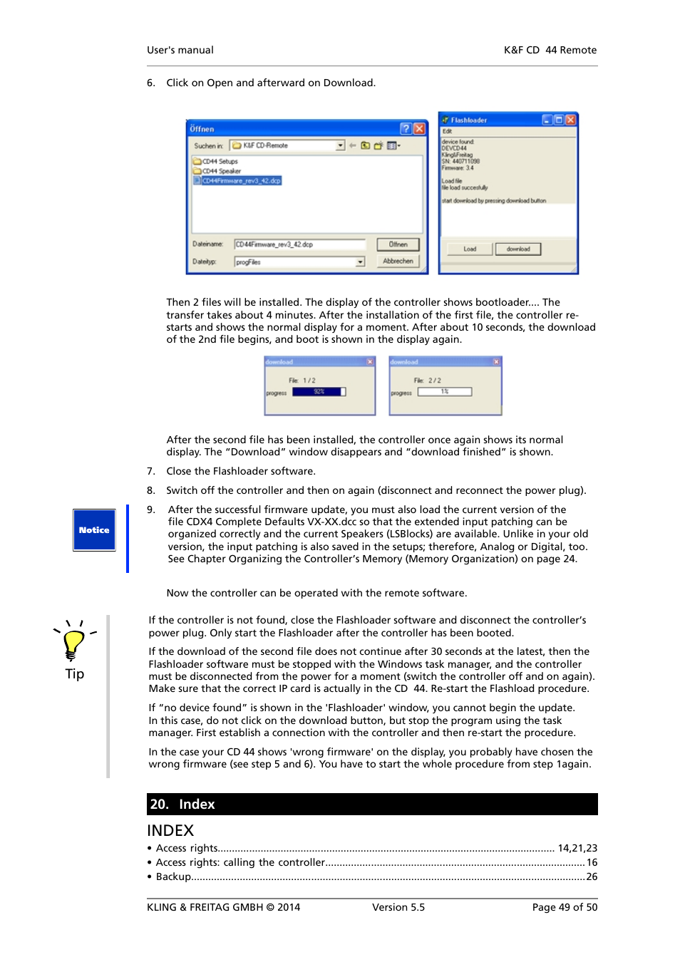 Index | KLING & FREITAG K&F CD Remote User Manual | Page 49 / 50