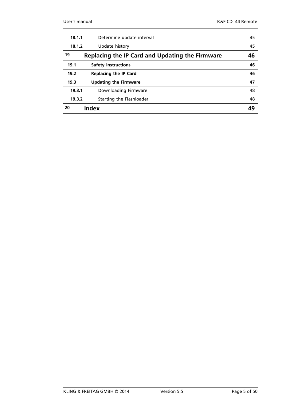 Replacing the ip card and updating the firmware 46, Index 49 | KLING & FREITAG K&F CD Remote User Manual | Page 5 / 50
