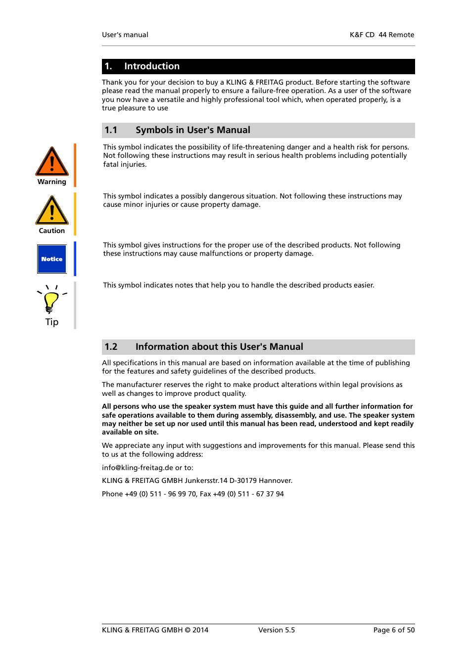 Introduction, Symbols in user's manual, Information about this user's manual | 1 symbols in user's manual, 2 information about this user's manual | KLING & FREITAG K&F CD Remote User Manual | Page 6 / 50