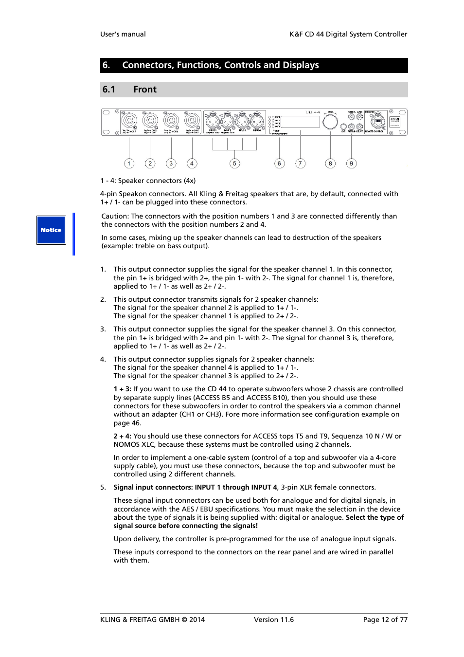 Connectors, functions, controls and displays, Front | KLING & FREITAG K&F CD 44 Digital System controller User Manual | Page 12 / 77
