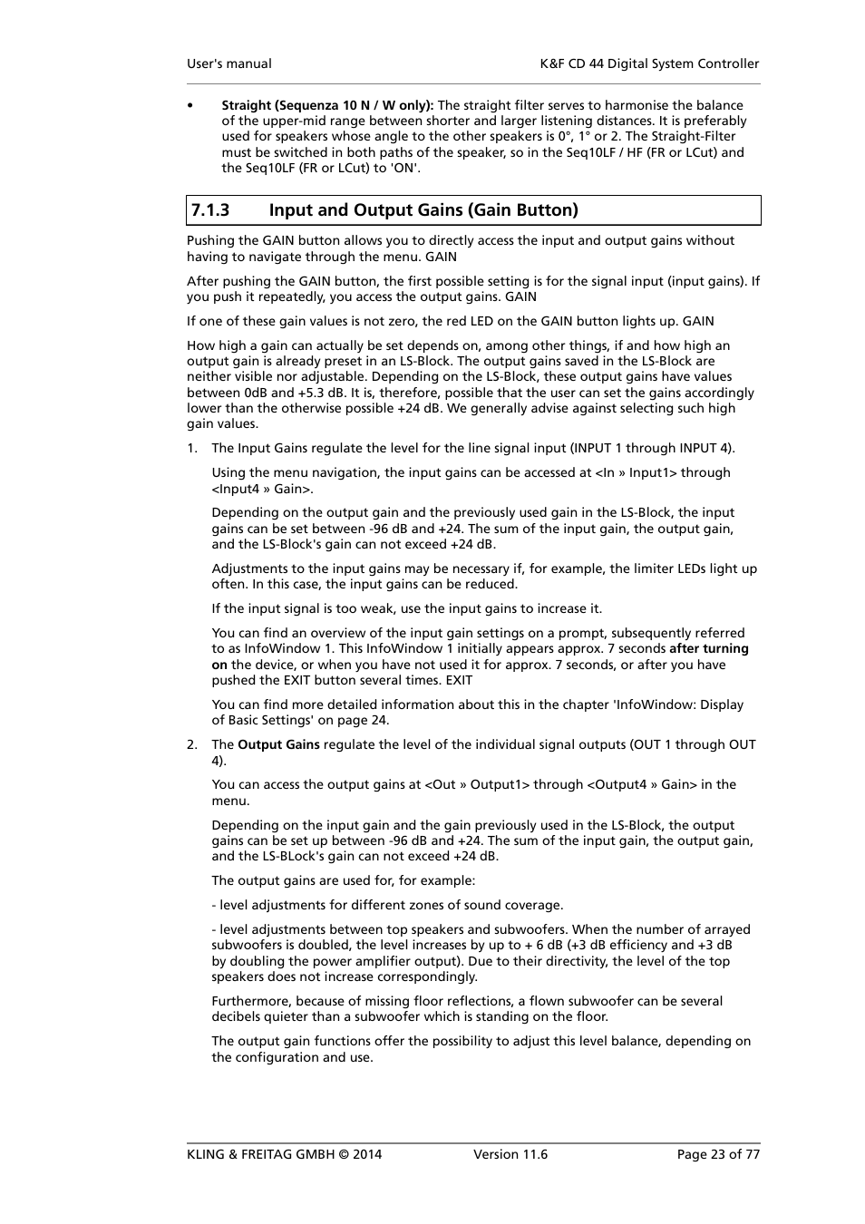 Input and output gains (gain button), 3 input and output gains (gain button) | KLING & FREITAG K&F CD 44 Digital System controller User Manual | Page 23 / 77