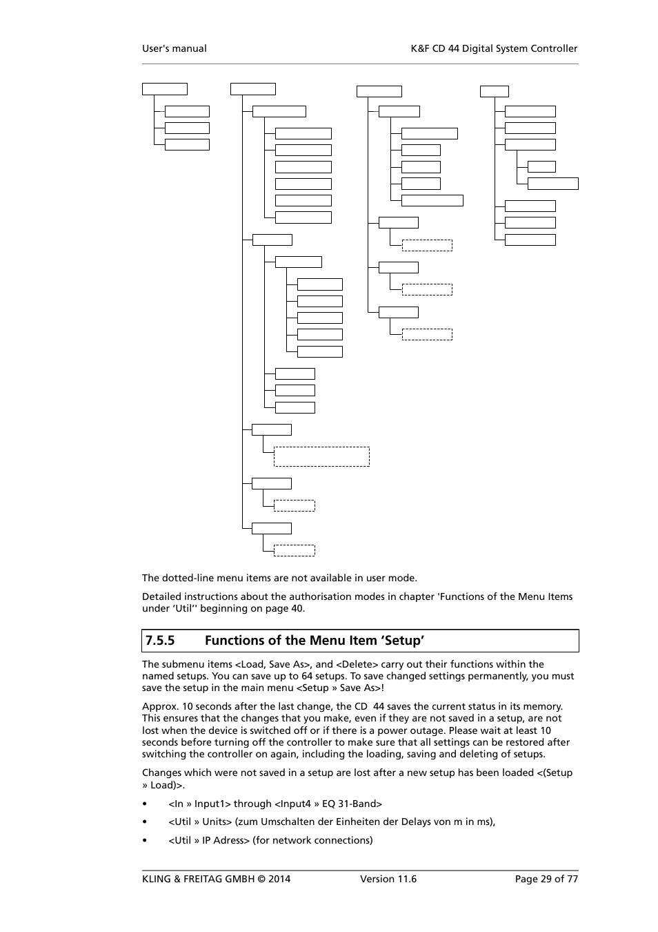 Functions of the menu item ‘setup, 5 functions of the menu item ‘setup | KLING & FREITAG K&F CD 44 Digital System controller User Manual | Page 29 / 77
