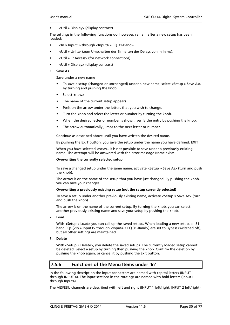 Functions of the menu items under ‘in, 6 functions of the menu items under ‘in | KLING & FREITAG K&F CD 44 Digital System controller User Manual | Page 30 / 77