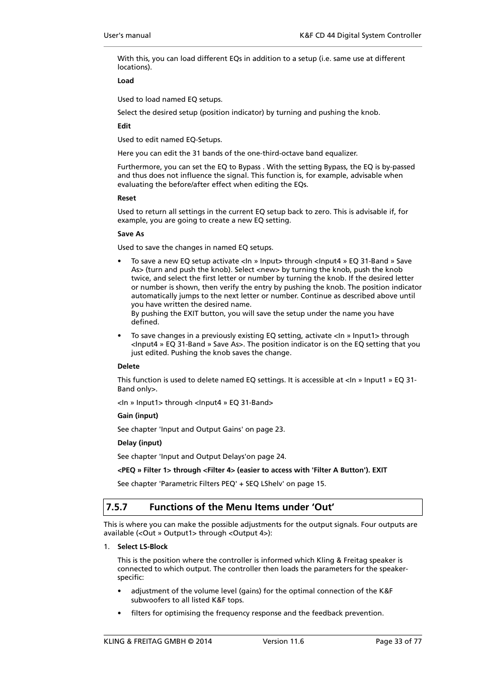 Functions of the menu items under ‘out, 7 functions of the menu items under ‘out | KLING & FREITAG K&F CD 44 Digital System controller User Manual | Page 33 / 77