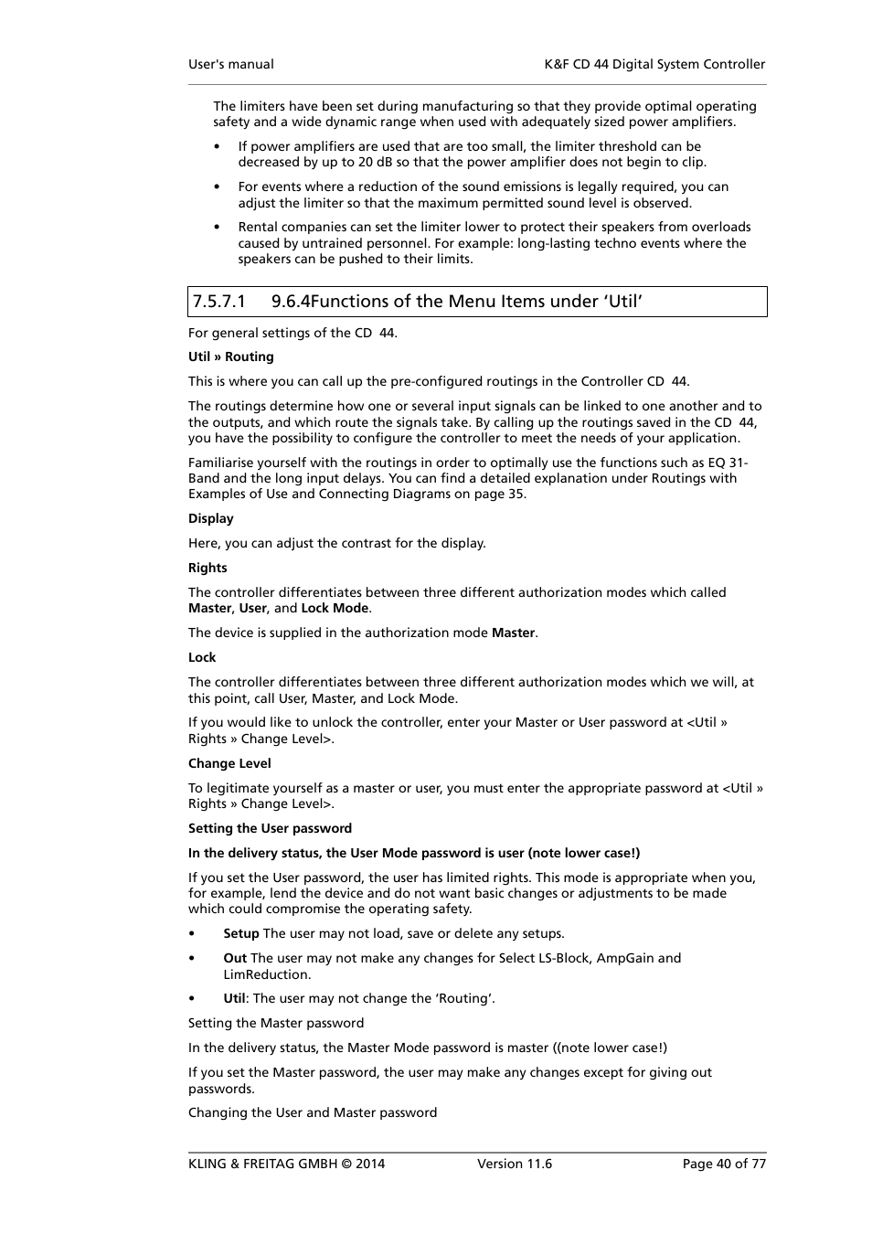 4functions of the menu items under ‘util, 1 9.6.4functions of the menu items under ‘util | KLING & FREITAG K&F CD 44 Digital System controller User Manual | Page 40 / 77