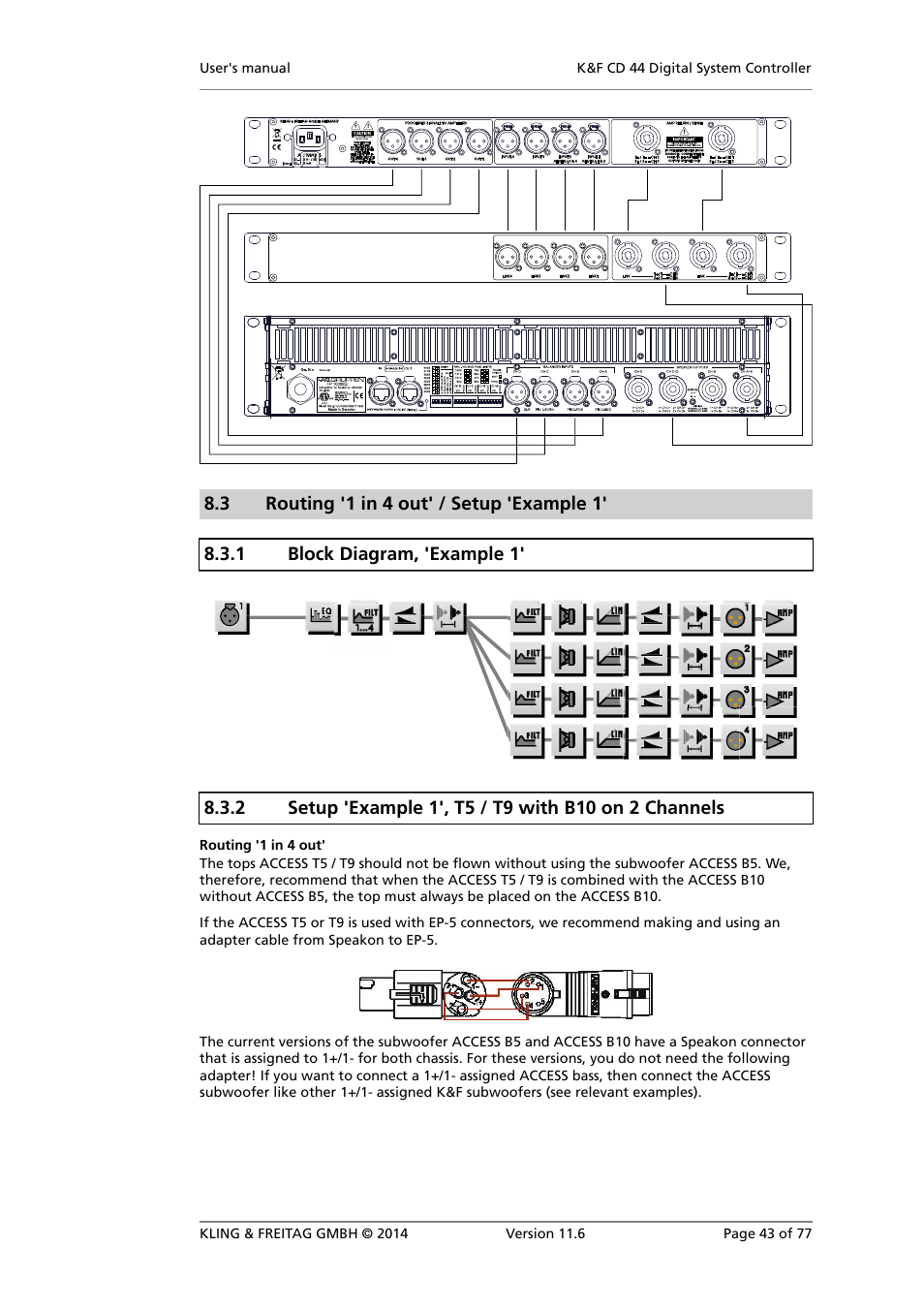 Routing '1 in 4 out' / setup 'example 1, Block diagram, 'example 1, Setup 'example 1', t5 / t9 with b10 on 2 channels | KLING & FREITAG K&F CD 44 Digital System controller User Manual | Page 43 / 77
