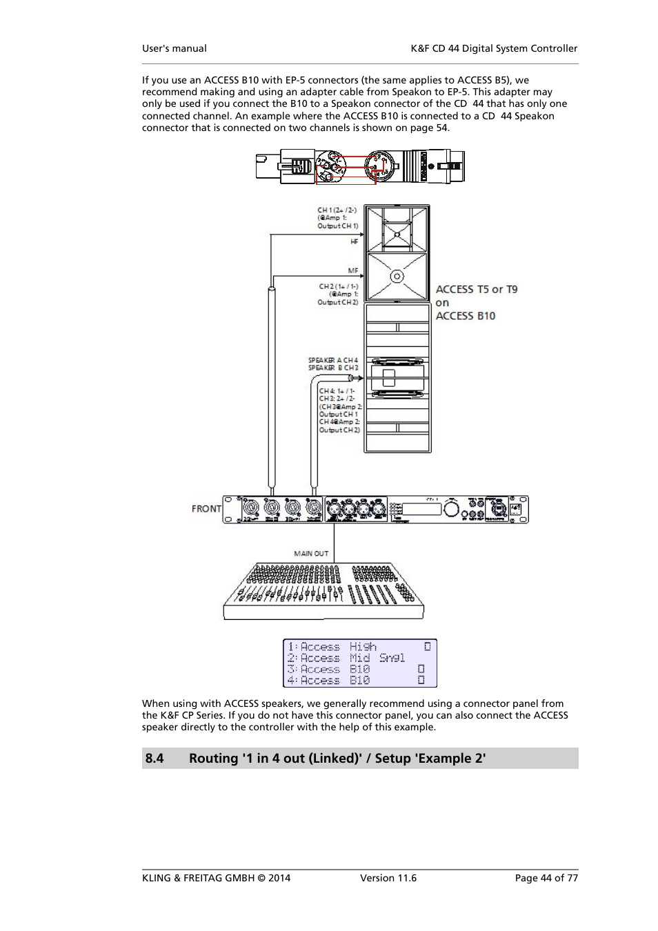 Routing '1 in 4 out (linked)' / setup 'example 2, Block diagram 'example 2, 4 routing '1 in 4 out (linked)' / setup 'example 2 | KLING & FREITAG K&F CD 44 Digital System controller User Manual | Page 44 / 77