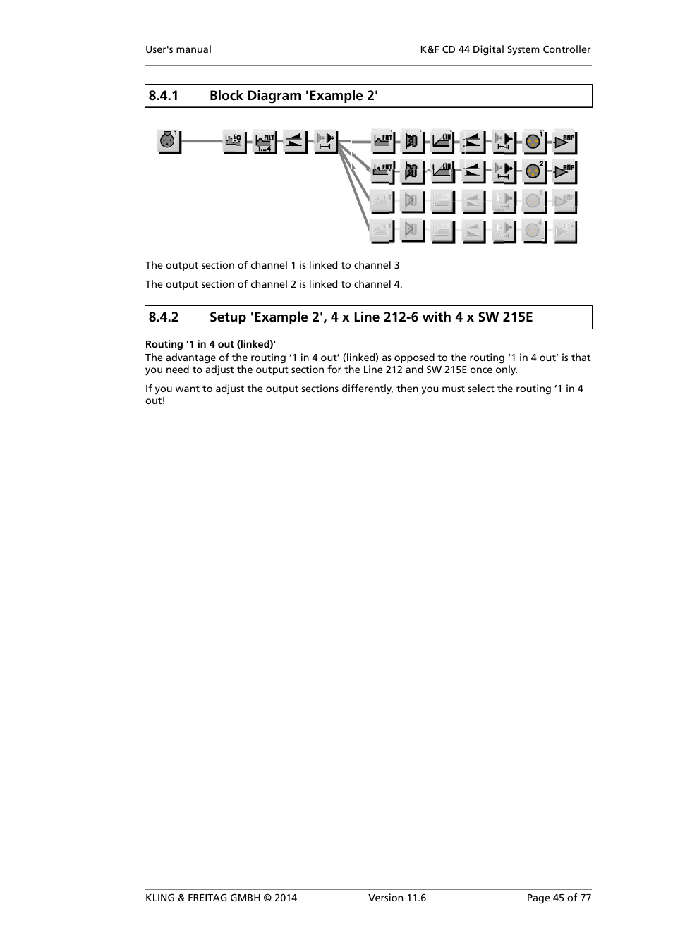 Setup 'example 2', 4 x line 212-6 with 4 x sw 215e, 1 block diagram 'example 2 | KLING & FREITAG K&F CD 44 Digital System controller User Manual | Page 45 / 77