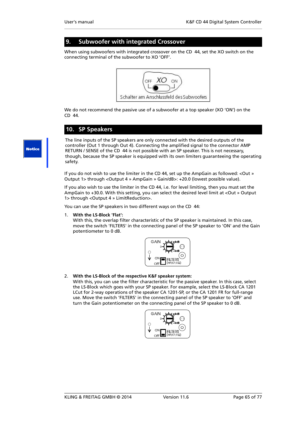 Sp speakers, Subwoofer with integrated crossover | KLING & FREITAG K&F CD 44 Digital System controller User Manual | Page 65 / 77