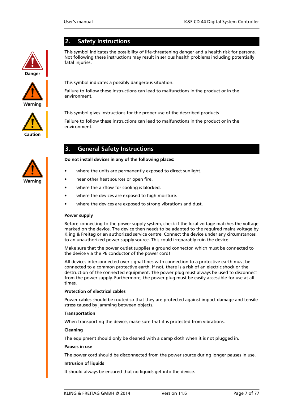 Safety instructions, General safety instructions | KLING & FREITAG K&F CD 44 Digital System controller User Manual | Page 7 / 77