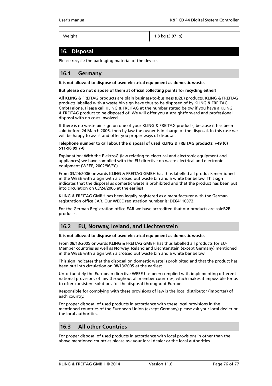 Disposal, Germany, Eu, norway, iceland, and liechtenstein | All other countries, 1 germany, 2 eu, norway, iceland, and liechtenstein, 3 all other countries | KLING & FREITAG K&F CD 44 Digital System controller User Manual | Page 76 / 77