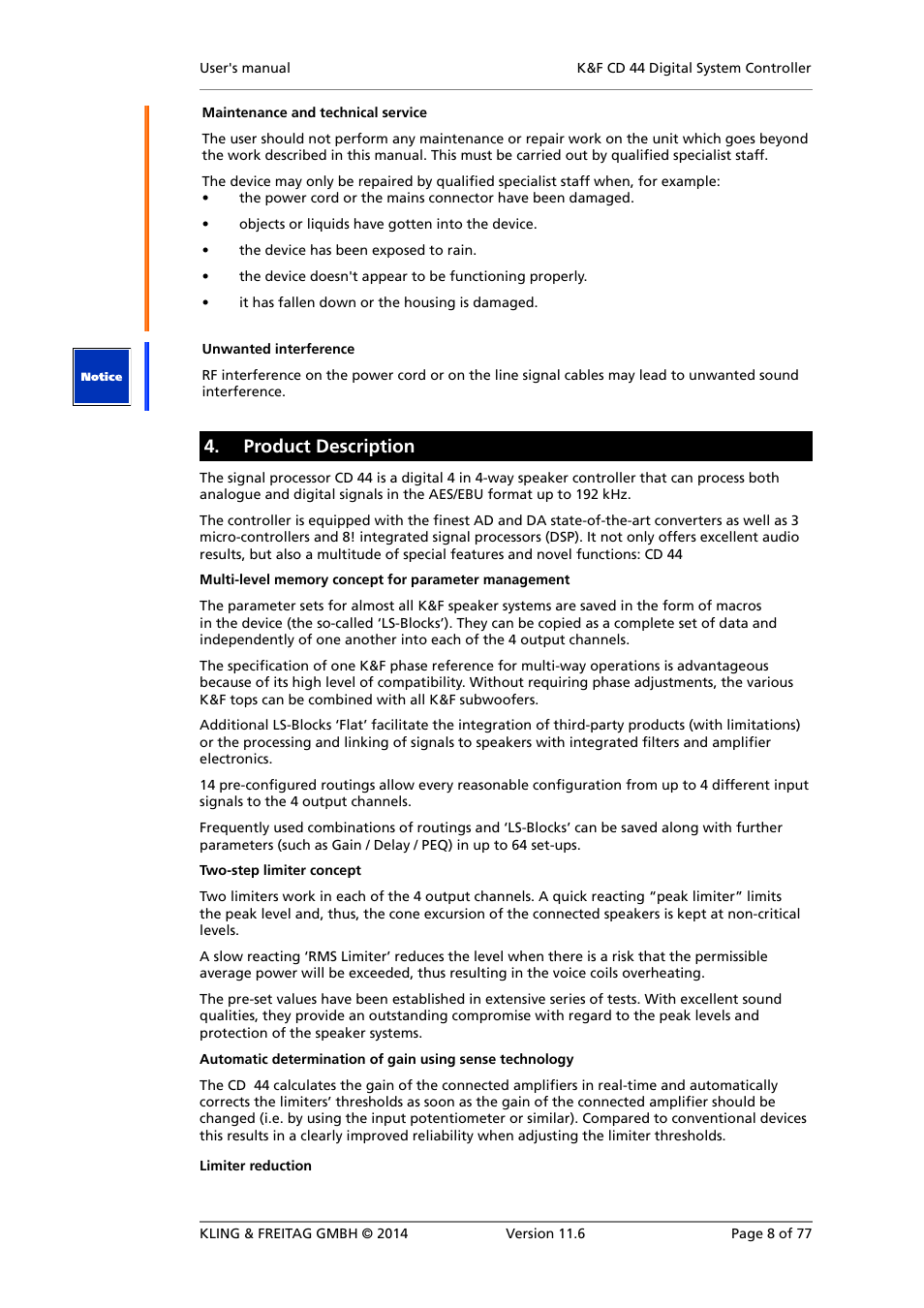 Product description | KLING & FREITAG K&F CD 44 Digital System controller User Manual | Page 8 / 77