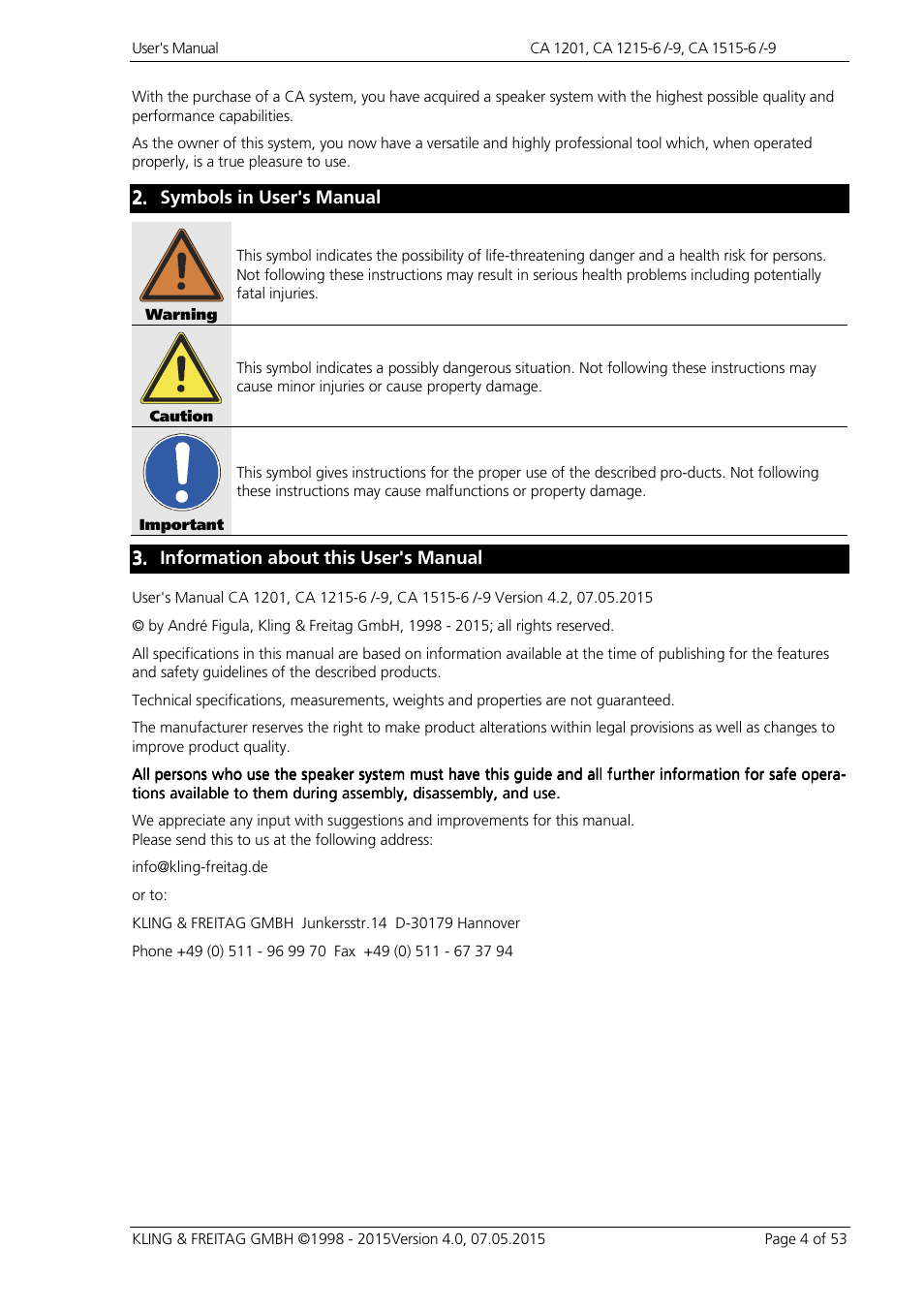 KLING & FREITAG K&F CA 1515-9 User Manual | Page 4 / 53