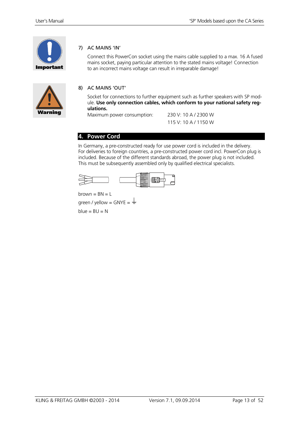 Power cord | KLING & FREITAG K&F CA 1515-9 - SP User Manual | Page 13 / 52