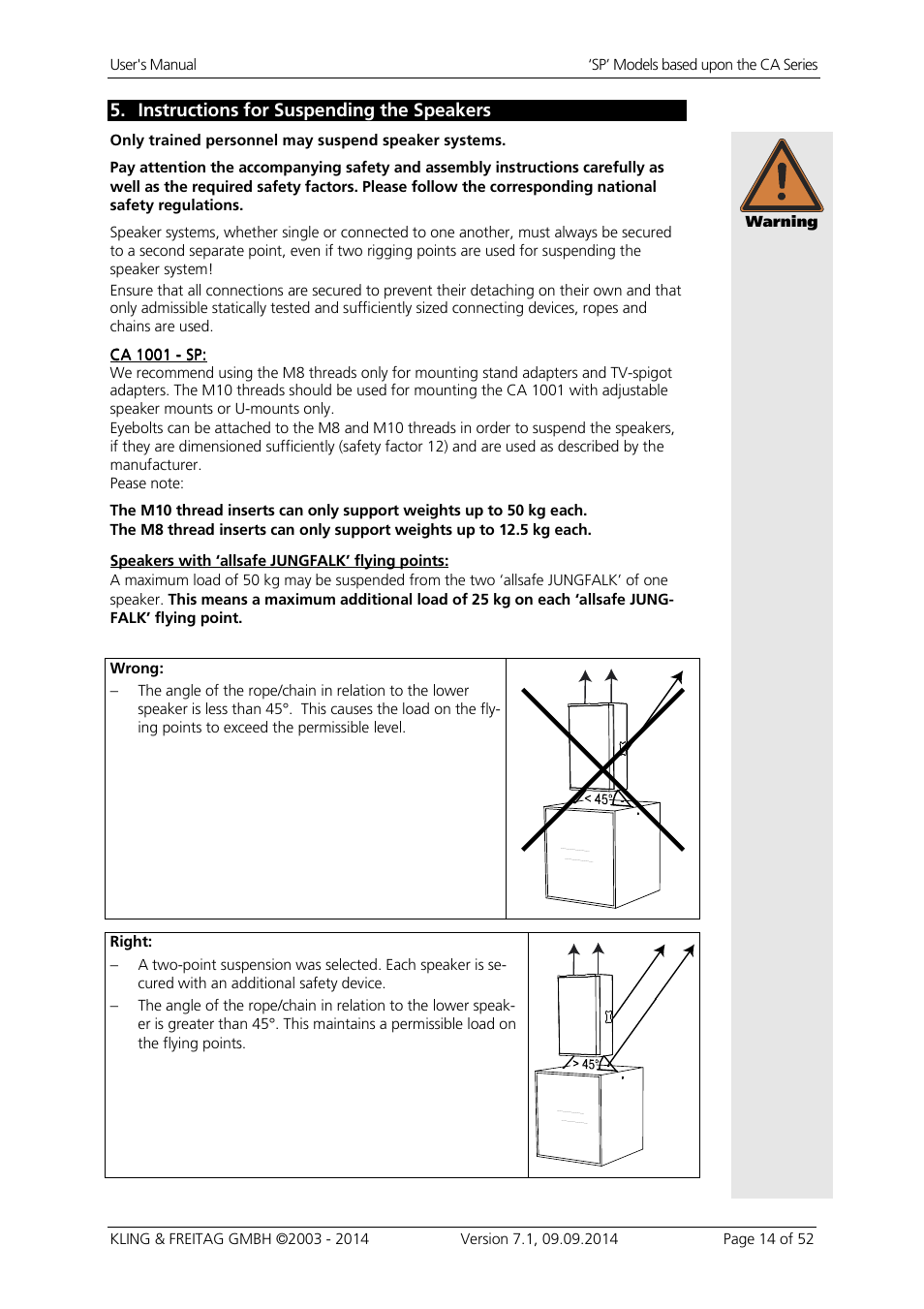 Instructions for suspending the speakers | KLING & FREITAG K&F CA 1515-9 - SP User Manual | Page 14 / 52