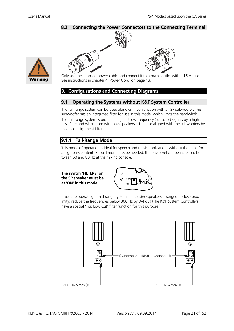 Configurations and connecting diagrams, 1 full-range mode | KLING & FREITAG K&F CA 1515-9 - SP User Manual | Page 21 / 52