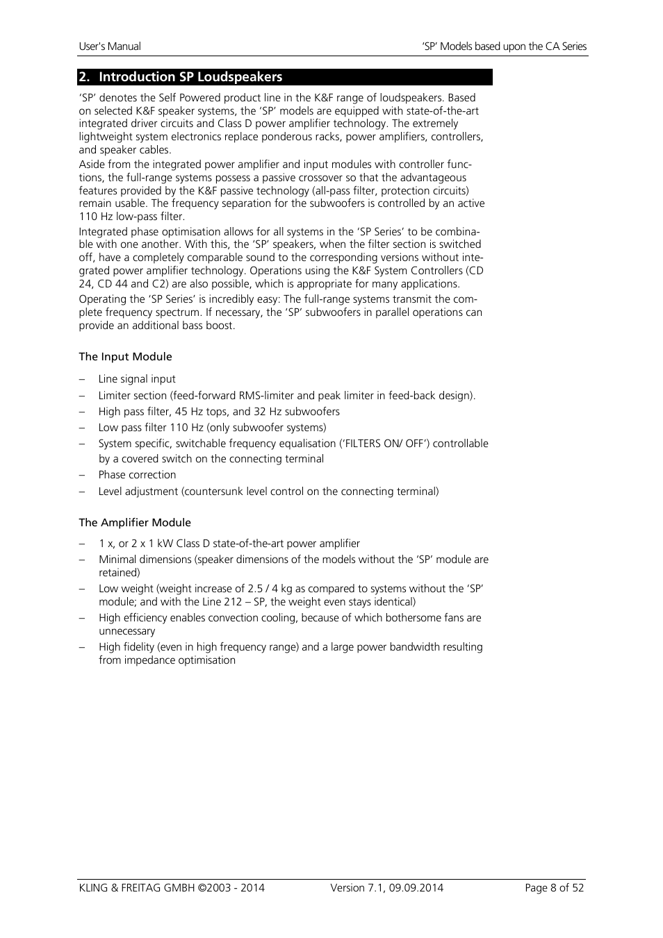 Introduction sp loudspeakers | KLING & FREITAG K&F CA 1515-9 - SP User Manual | Page 8 / 52