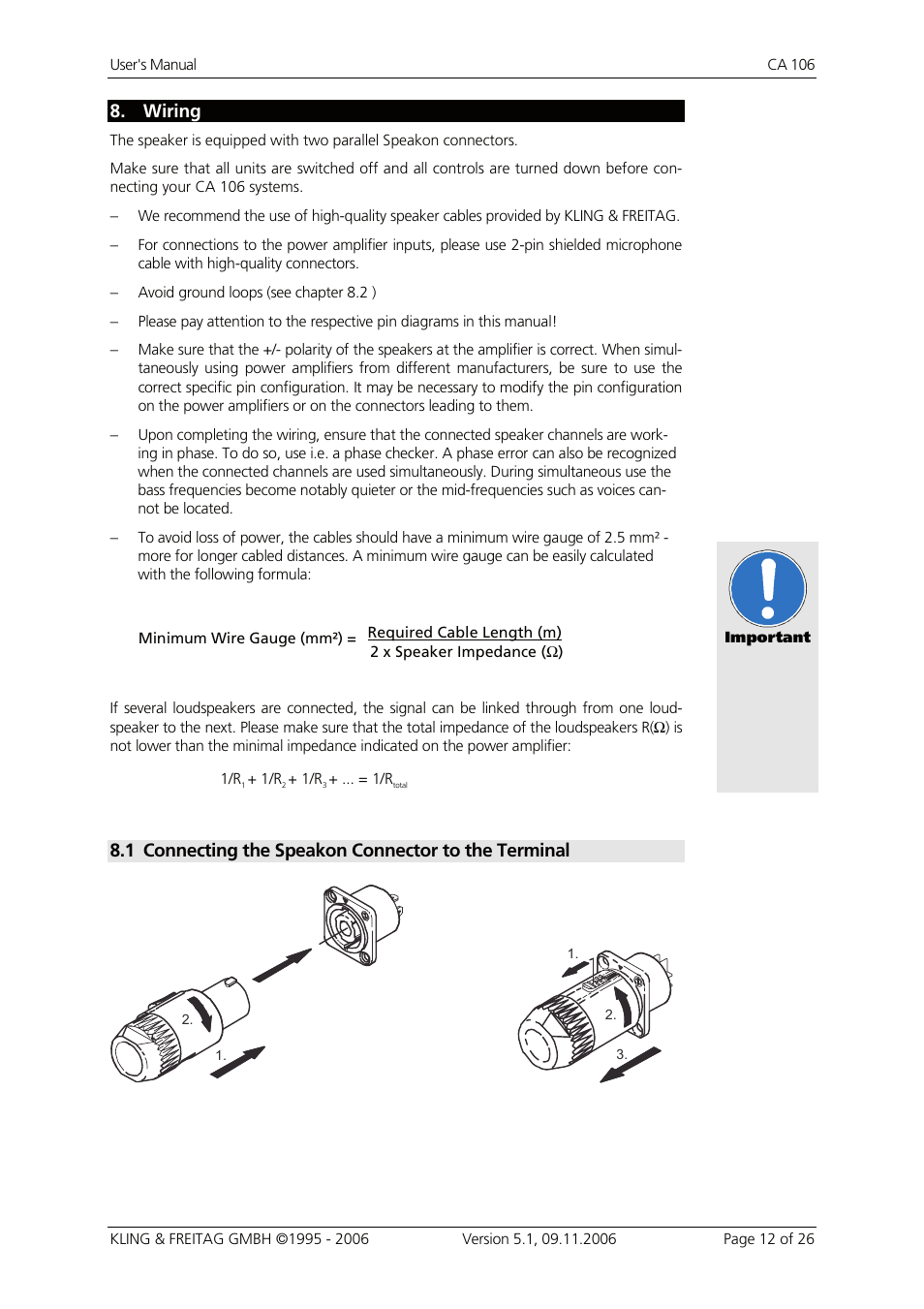 8 wiring, 1 connecting the speakon connector to the terminal, Wiring 12 | Connecting the speakon connector to the terminal, Wiring | KLING & FREITAG K&F CA 106 User Manual | Page 12 / 26