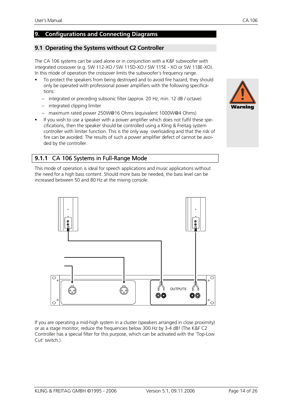 9 configurations and connecting diagrams, 1 operating the systems without c2 controller, 1 ca 106 systems in full-range mode | Configurations and connecting diagrams, Operating the systems without c2 controller, Ca 106 systems in full-range mode | KLING & FREITAG K&F CA 106 User Manual | Page 14 / 26