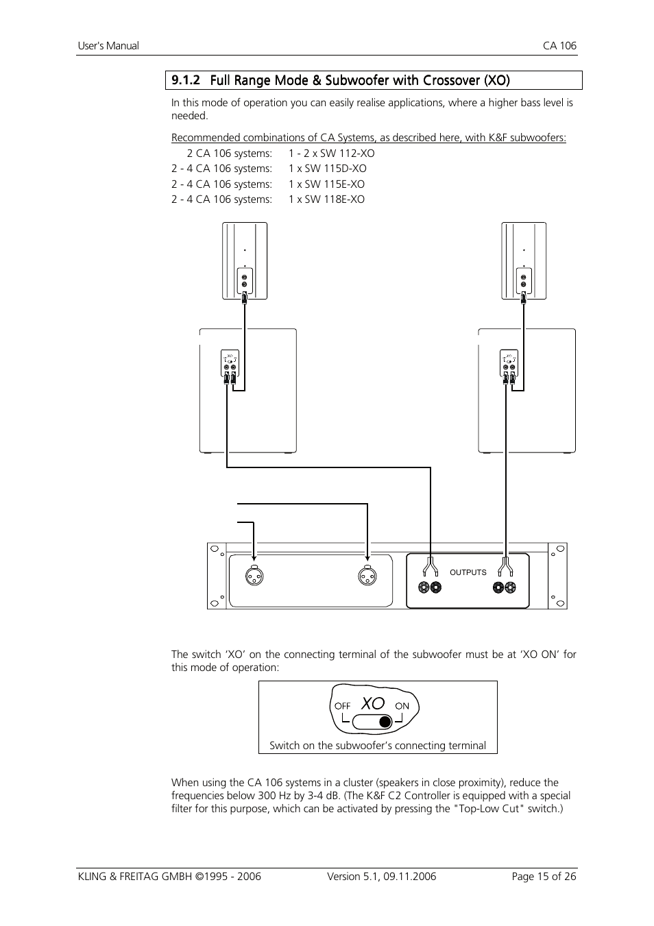 2 full range mode & subwoofer with crossover (xo), Full range mode & subwoofer with crossover (xo) | KLING & FREITAG K&F CA 106 User Manual | Page 15 / 26