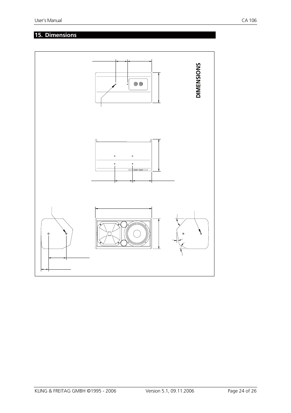 15 dimensions, Dimensions 24, Dimensions | Dime ns ions | KLING & FREITAG K&F CA 106 User Manual | Page 24 / 26