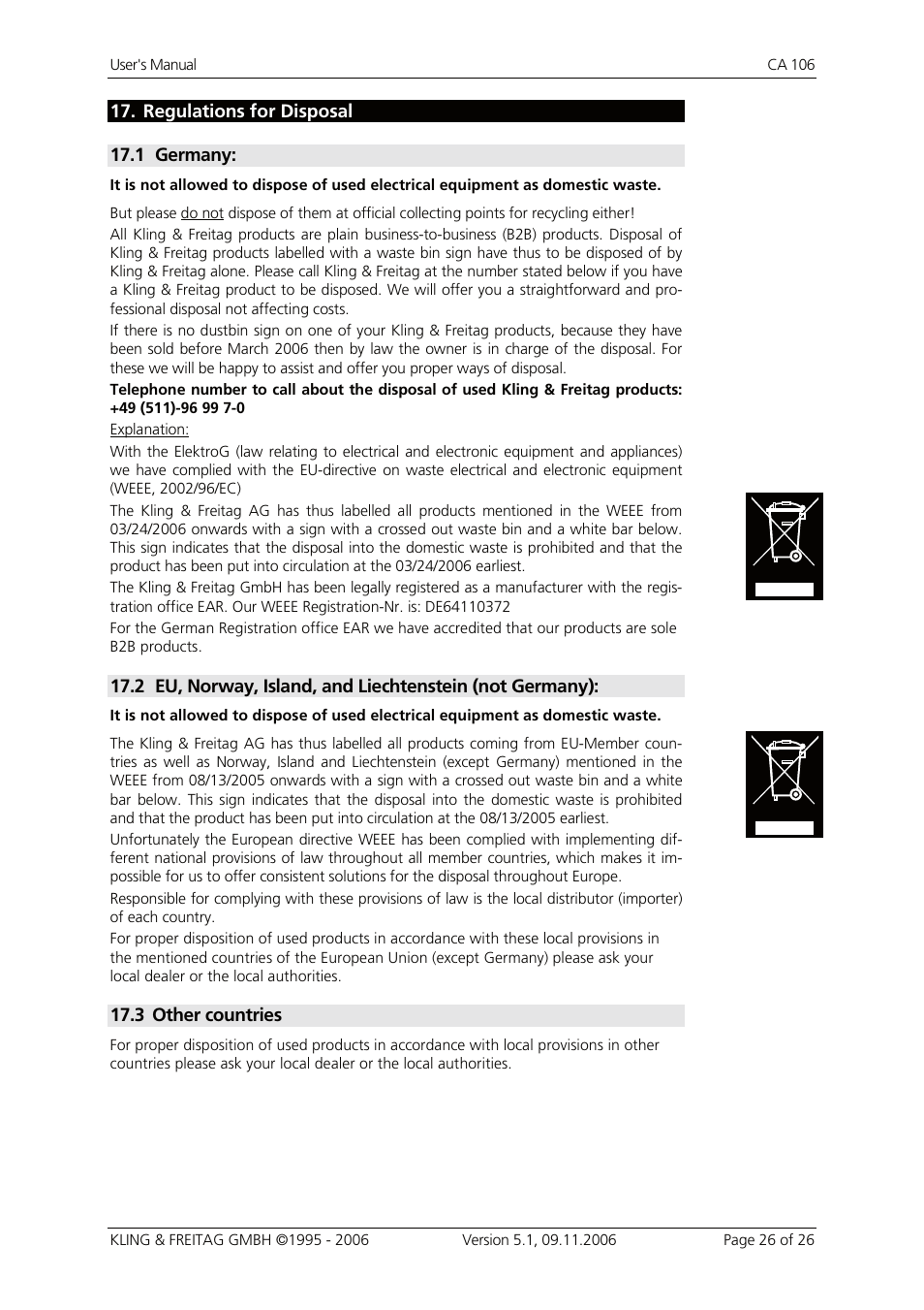 17 regulations for disposal, 1 germany, 3 other countries | Regulations for disposal, Germany: 26, Other countries | KLING & FREITAG K&F CA 106 User Manual | Page 26 / 26