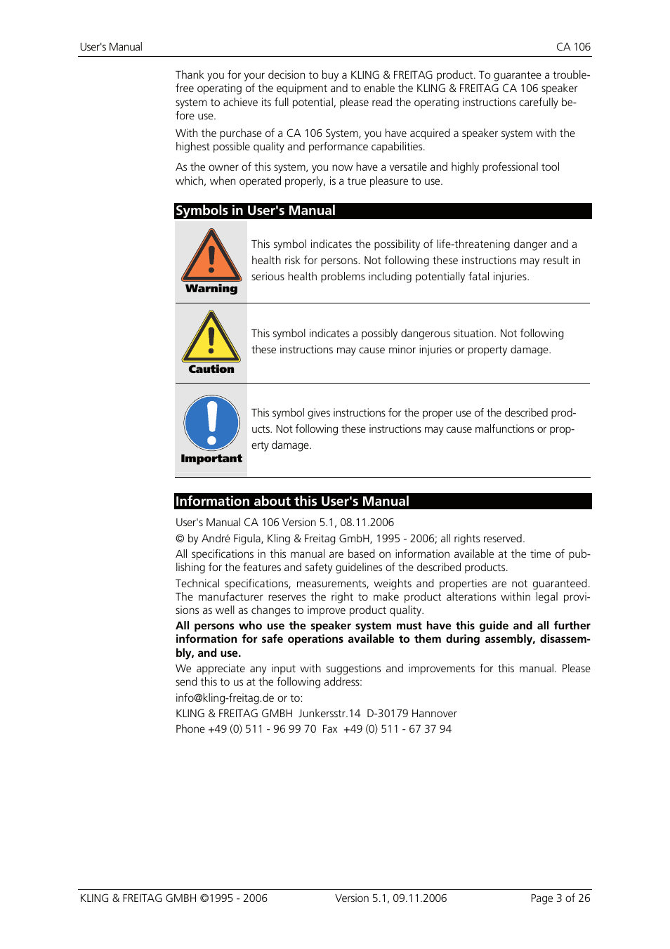Symbols in user's manual, Information about this user's manual | KLING & FREITAG K&F CA 106 User Manual | Page 3 / 26