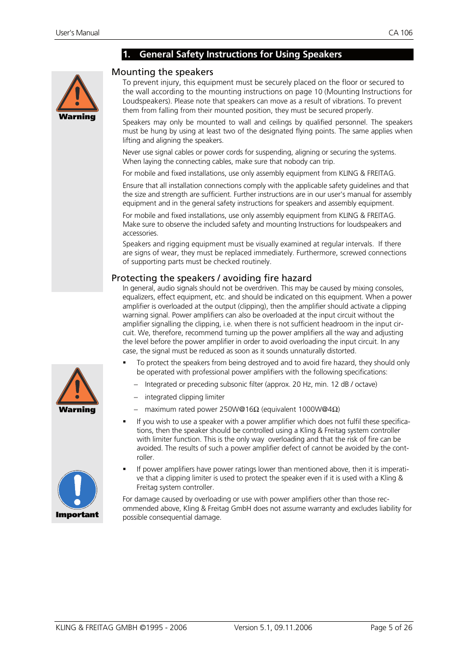 1 general safety instructions for using speakers, General safety instructions for using speakers, Protecting the speakers / avoiding fire hazard | KLING & FREITAG K&F CA 106 User Manual | Page 5 / 26