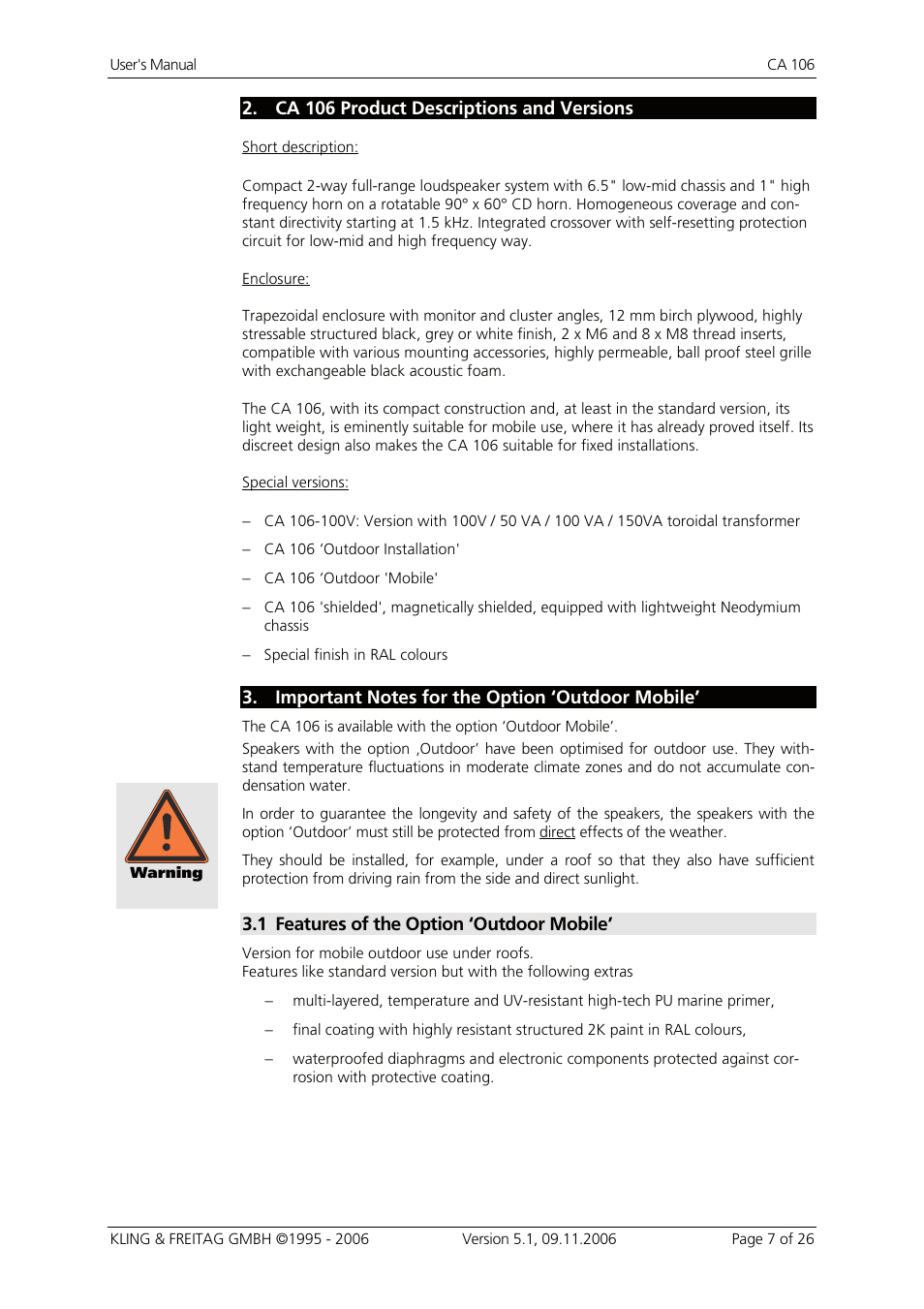 2 ca 106 product descriptions and versions, 3 important notes for the option ‚outdoor mobile, 1 features of the option ‚outdoor mobile | Ca 106 product descriptions and versions, Important notes for the option ‘outdoor mobile, Features of the option ‘outdoor mobile | KLING & FREITAG K&F CA 106 User Manual | Page 7 / 26