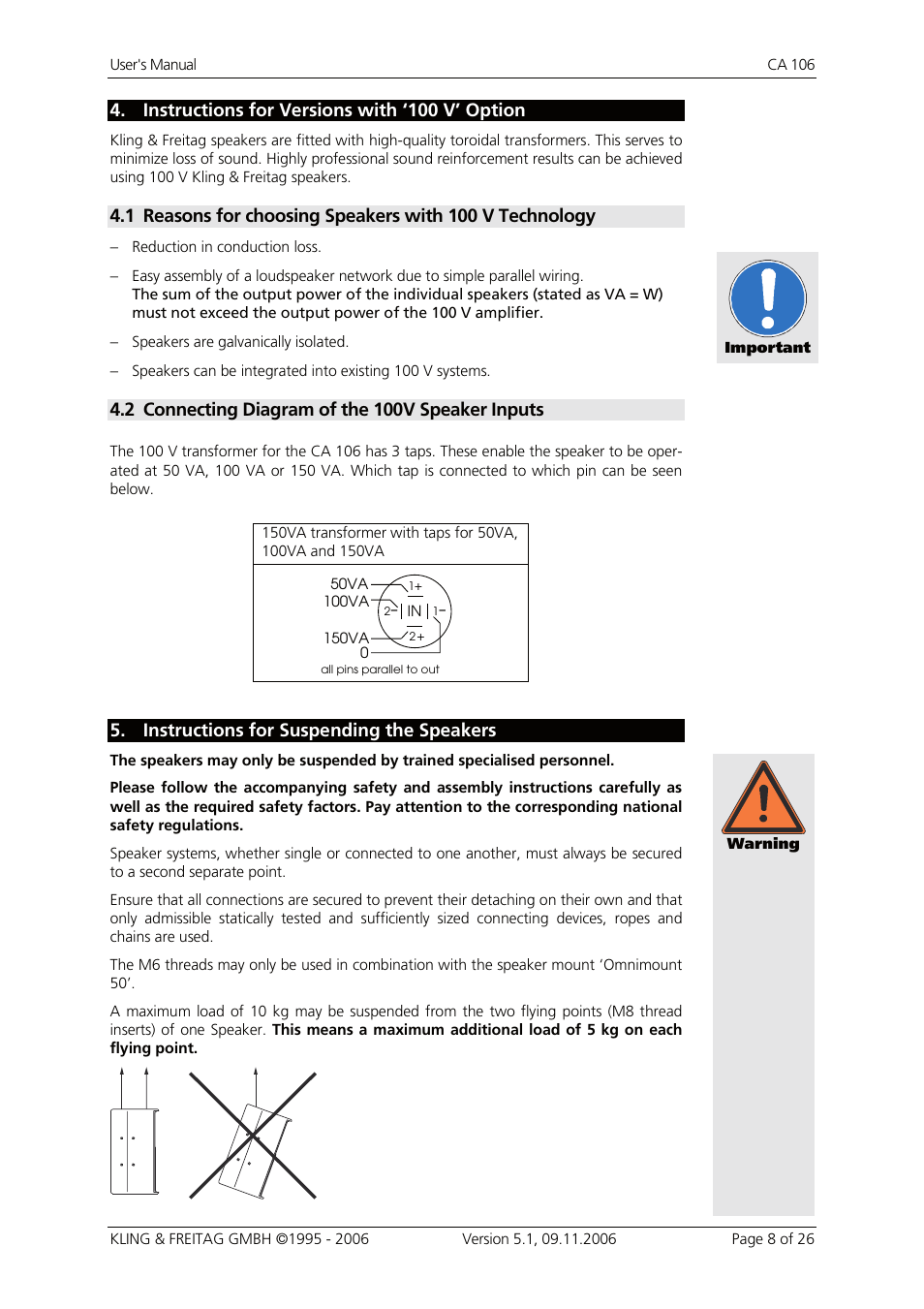 4 instructions for versions with ‚100 v' option, 2 connecting diagram of the 100v speaker inputs, 5 instructions for suspending the speakers | Instructions for versions with ‘100 v’ option, Connecting diagram of the 100v speaker inputs, Instructions for suspending the speakers | KLING & FREITAG K&F CA 106 User Manual | Page 8 / 26