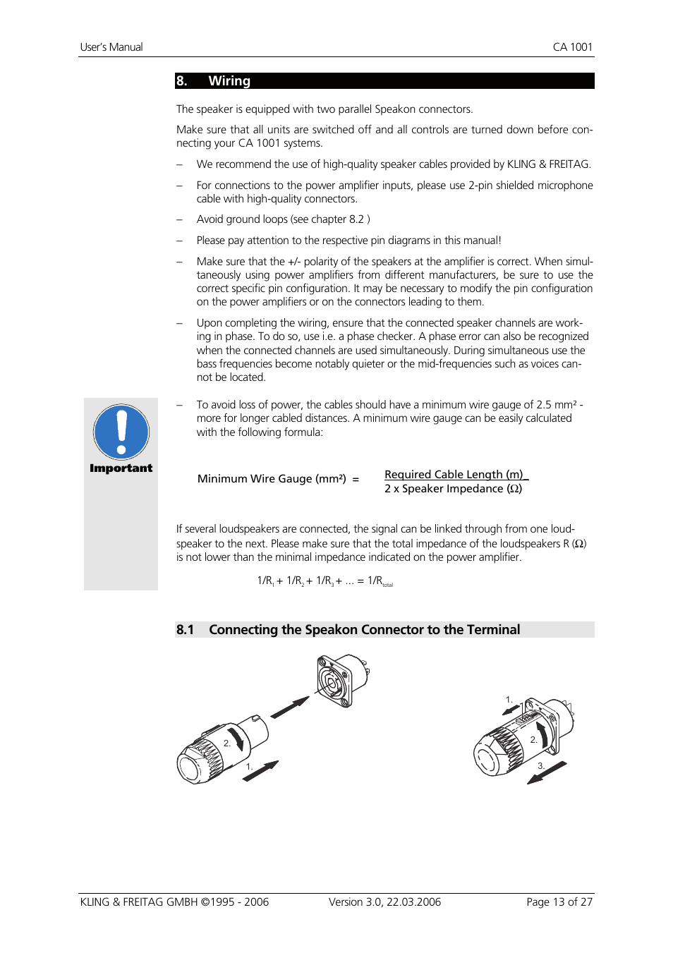 Wiring, Connecting the speakon connector to the terminal, Wiring 13 | 1 connecting the speakon connector to the terminal | KLING & FREITAG K&F CA 1001 User Manual | Page 13 / 27