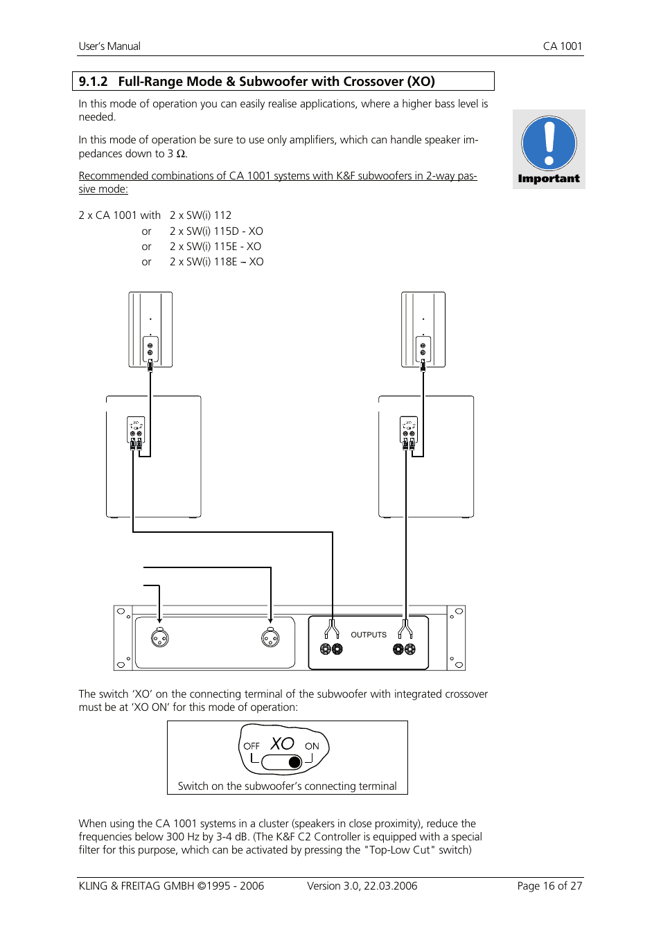 Full-range mode & subwoofer with crossover (xo), 2 full-range mode & subwoofer with crossover (xo) | KLING & FREITAG K&F CA 1001 User Manual | Page 16 / 27