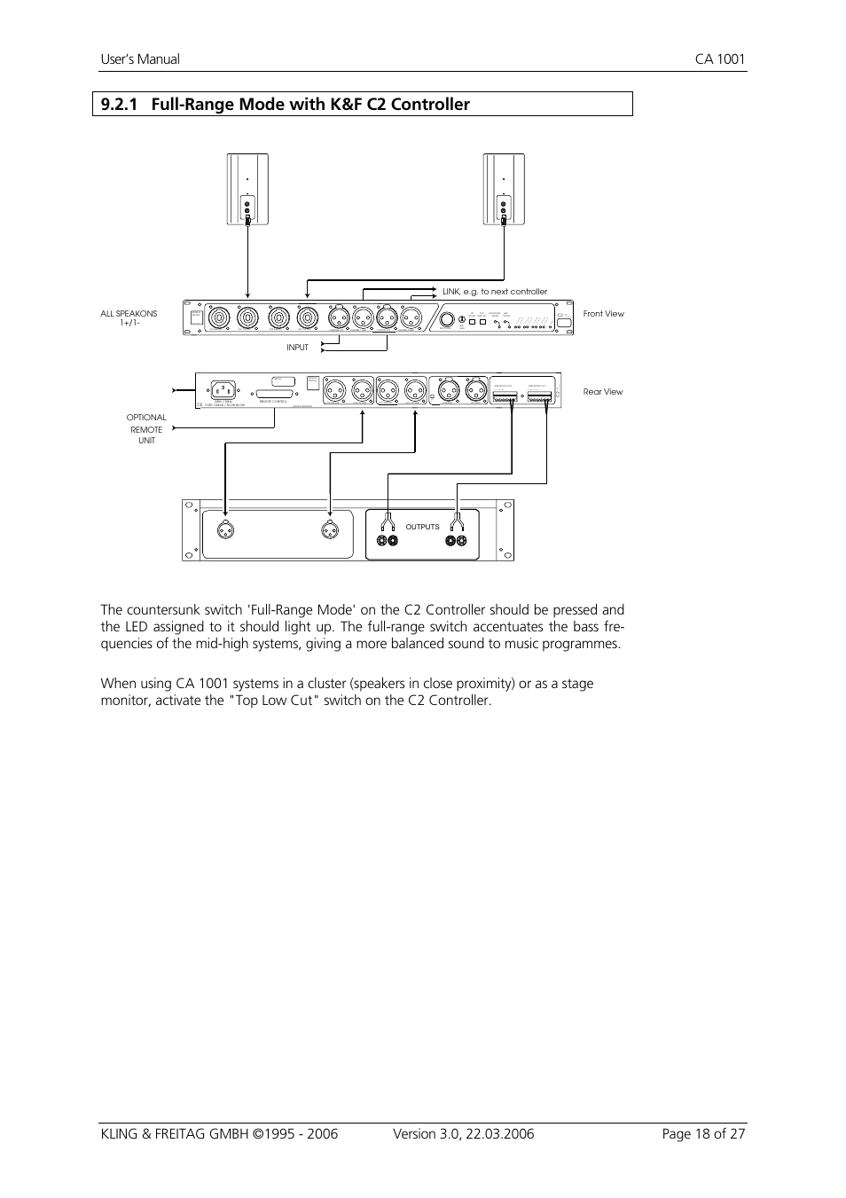 Full-range mode with k&f c2 controller, 1 full-range mode with k&f c2 controller | KLING & FREITAG K&F CA 1001 User Manual | Page 18 / 27