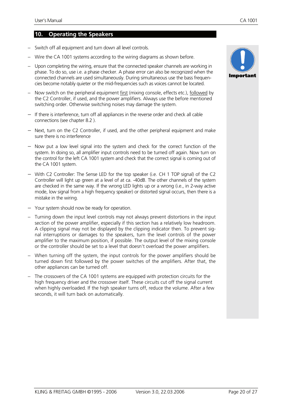 Operating the speakers | KLING & FREITAG K&F CA 1001 User Manual | Page 20 / 27