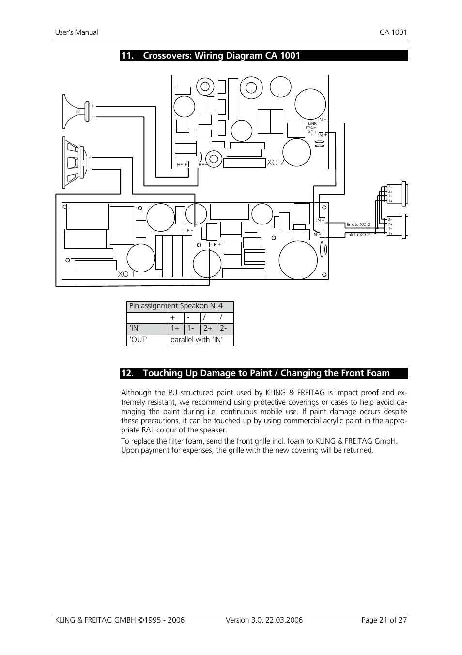 Crossovers: wiring diagram ca 1001, Xo 2 xo 1, In’ 1+ 1- 2+ 2- ‘out’ parallel with ‘in | KLING & FREITAG K&F CA 1001 User Manual | Page 21 / 27