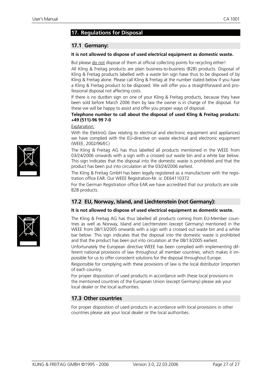 Regulations for disposal, Germany, Other countries | Germany: 27 | KLING & FREITAG K&F CA 1001 User Manual | Page 27 / 27