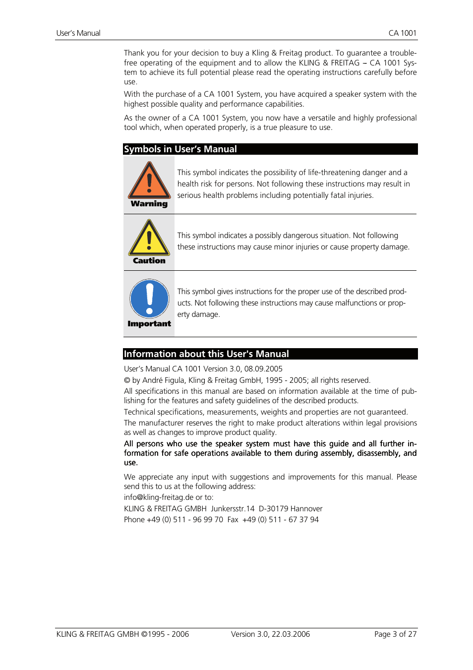 KLING & FREITAG K&F CA 1001 User Manual | Page 3 / 27