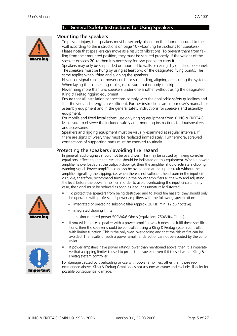 General safety instructions for using speakers | KLING & FREITAG K&F CA 1001 User Manual | Page 5 / 27