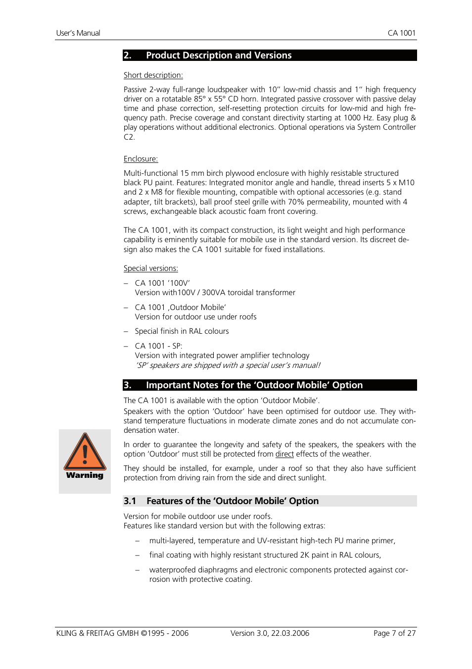 Product description and versions, Important notes for the ‘outdoor mobile’ option, Features of the ‘outdoor mobile’ option | KLING & FREITAG K&F CA 1001 User Manual | Page 7 / 27