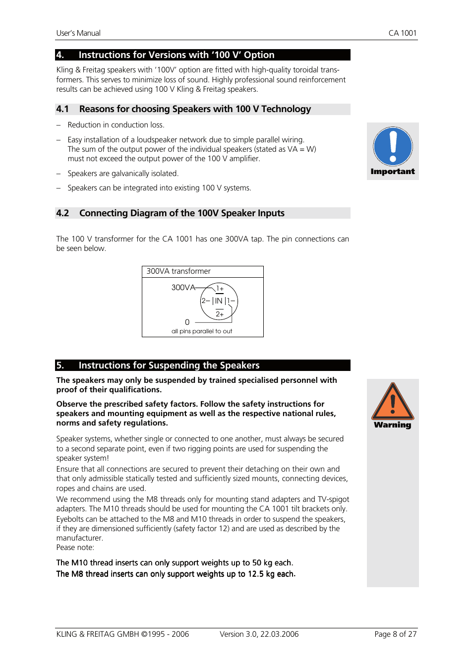 Instructions for versions with ‘100 v’ option, Connecting diagram of the 100v speaker inputs, Instructions for suspending the speakers | KLING & FREITAG K&F CA 1001 User Manual | Page 8 / 27